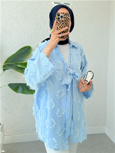 Püskül Detaylı Önden Bağlamalı Kimono -Bebe Mavi