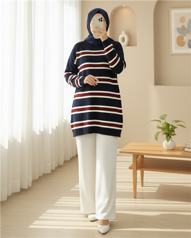 Renkli Çizgili Salaş Triko Tunik -Laci