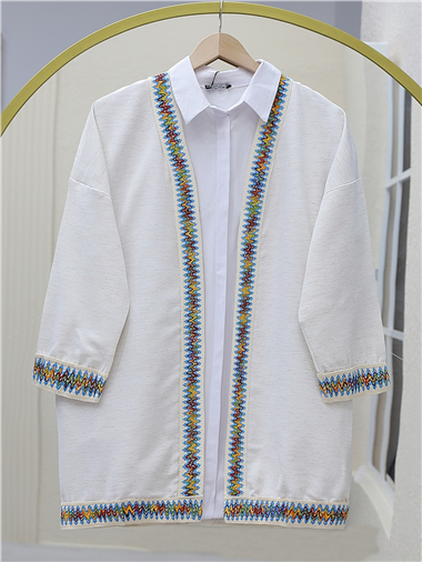 Renkli Şerit Detaylı Keten Kimono -Taş
