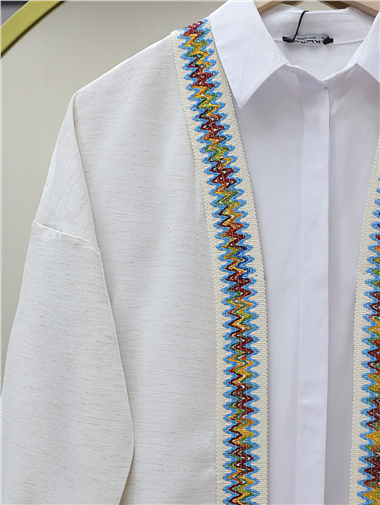 Renkli Şerit Detaylı Keten Kimono -Taş