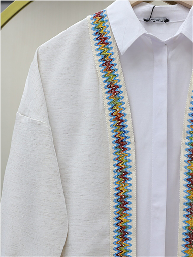 Renkli Şerit Detaylı Keten Kimono -Taş