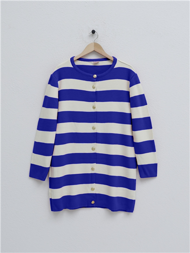 Ringelli Metal Dügme Çelik Örgü Salaş Hırka  -Saks