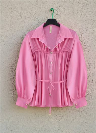 Robadan Büzgülü Beli Bağcıklı Gömlek -Pembe