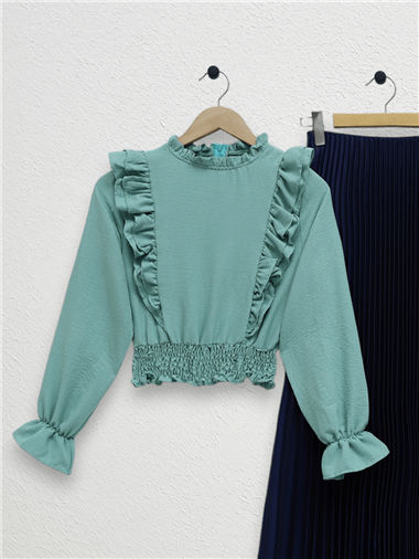 Robadan Fırfırlı Beli Büzgülü Ayrobin Bluz  -Mint
