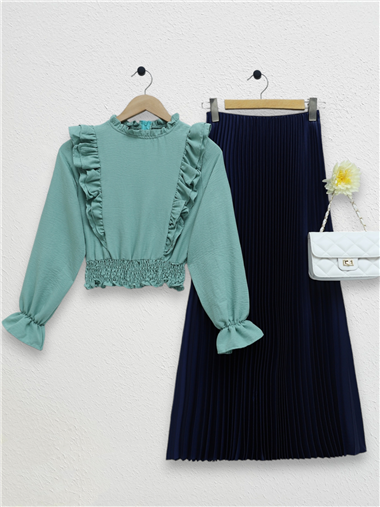 Robadan Fırfırlı Beli Büzgülü Ayrobin Bluz  -Mint