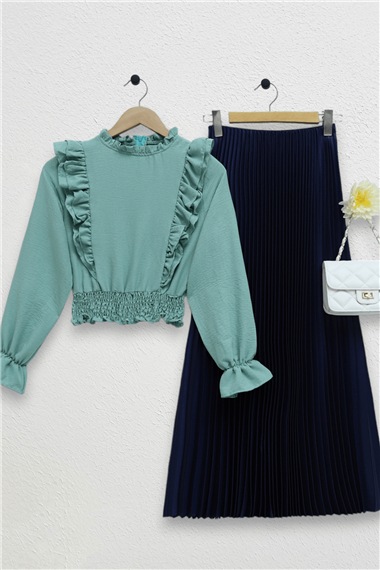 Robadan Fırfırlı Beli Büzgülü Ayrobin Bluz  -Mint