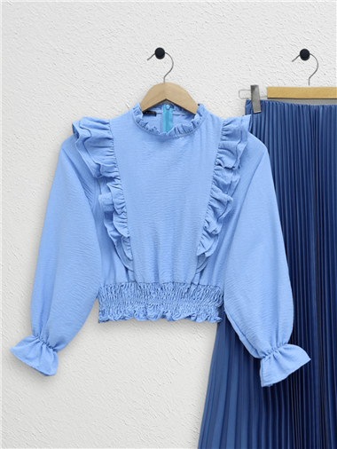 Robadan Fırfırlı Beli Büzgülü Ayrobin Bluz -Bebe Mavi