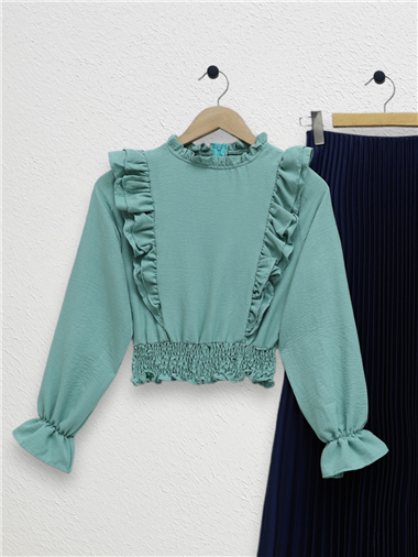 Robadan Fırfırlı Beli Büzgülü Ayrobin Bluz  -Mint