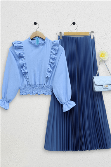Robadan Fırfırlı Beli Büzgülü Ayrobin Bluz -Bebe Mavi