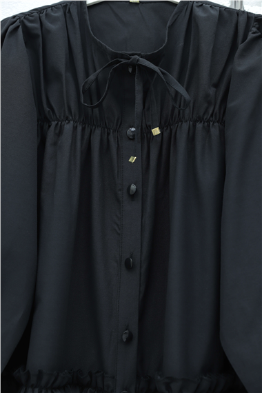 Robadan Lastikli Eteği Fırfırlı Düğmeli Poplin Tunik -Siyah