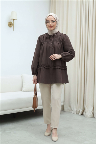 Robadan Lastikli Eteği Fırfırlı Düğmeli Poplin Tunik -K. Kahve