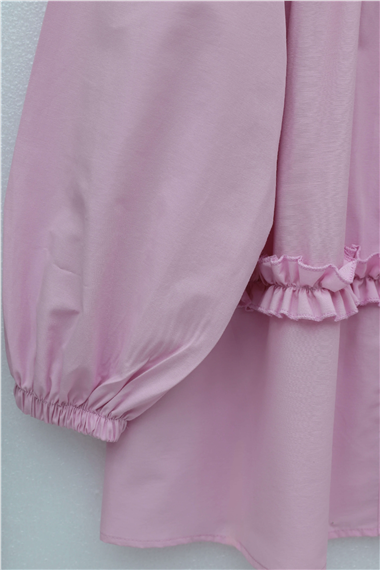 Robadan Lastikli Eteği Fırfırlı Düğmeli Poplin Tunik -Pembe
