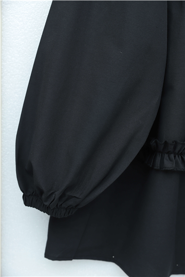 Robadan Lastikli Eteği Fırfırlı Düğmeli Poplin Tunik -Siyah