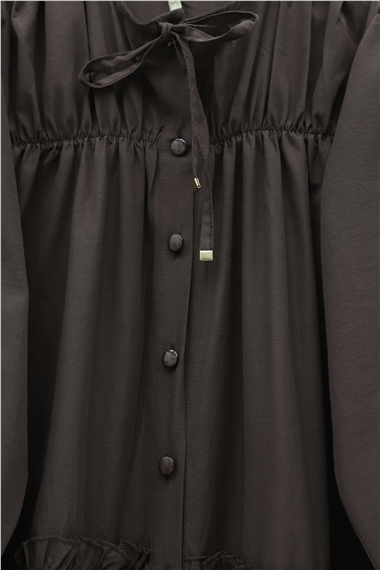 Robadan Lastikli Eteği Fırfırlı Düğmeli Poplin Tunik -K. Kahve