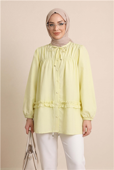 Robadan Lastikli Eteği Fırfırlı Düğmeli Poplin Tunik -Sarı