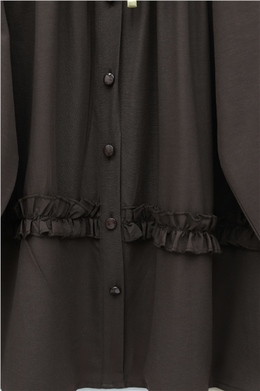 Robadan Lastikli Eteği Fırfırlı Düğmeli Poplin Tunik -K. Kahve