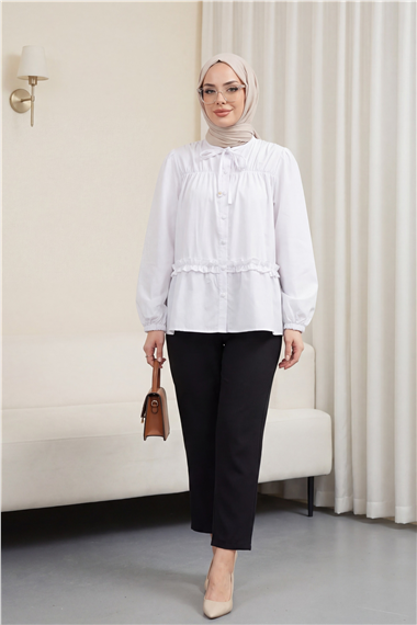 Robadan Lastikli Eteği Fırfırlı Düğmeli Poplin Tunik -Beyaz