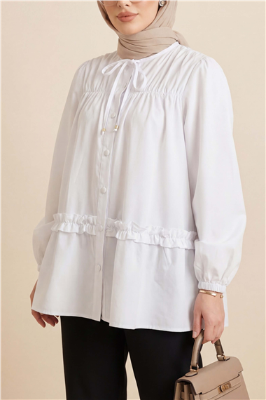 Robadan Lastikli Eteği Fırfırlı Düğmeli Poplin Tunik -Beyaz