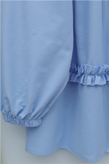 Robadan Lastikli Eteği Fırfırlı Düğmeli Poplin Tunik -Mavi