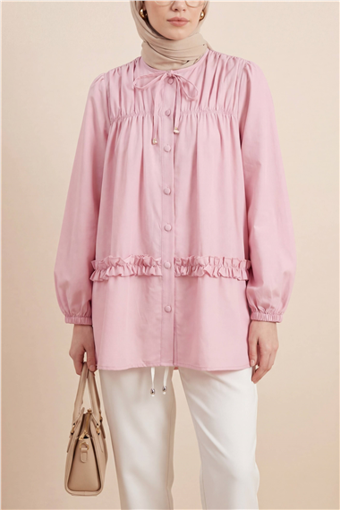 Robadan Lastikli Eteği Fırfırlı Düğmeli Poplin Tunik -Pembe