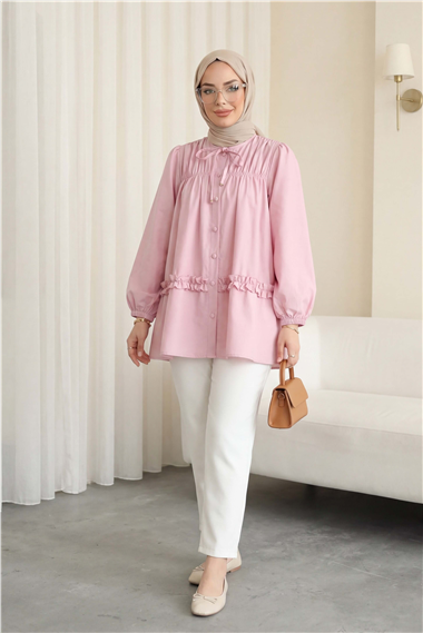 Robadan Lastikli Eteği Fırfırlı Düğmeli Poplin Tunik -Pembe