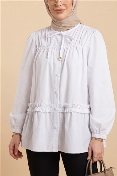 Robadan Lastikli Eteği Fırfırlı Düğmeli Poplin Tunik -Beyaz