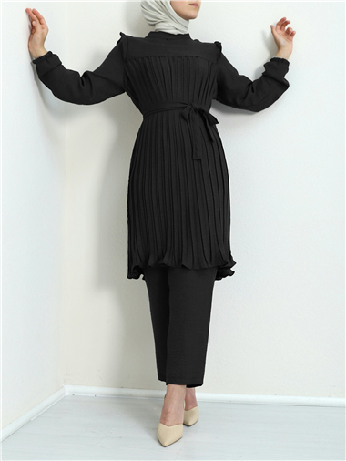 Robadan Pileli Belden Bağlamalı İkili Takım -Siyah