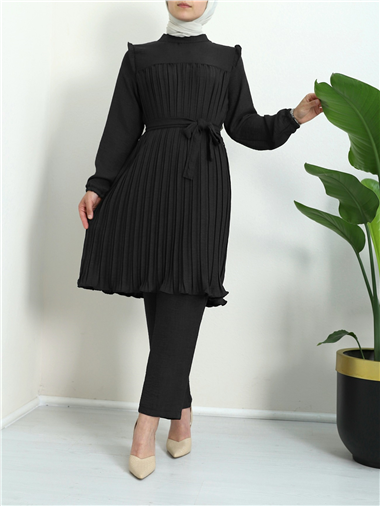 Robadan Pileli Belden Bağlamalı İkili Takım -Siyah