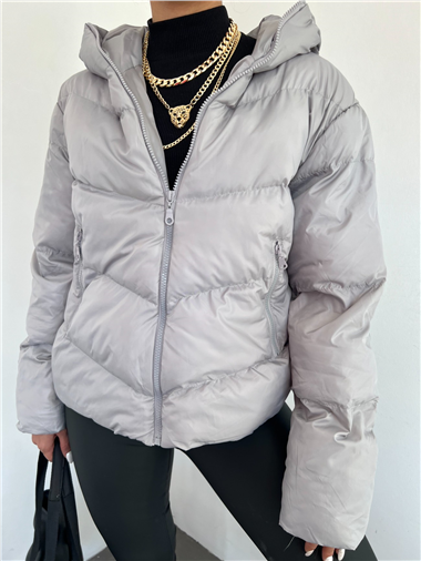 معطف شتوي بغطاء رأس وسحاب ثابت - رمادي