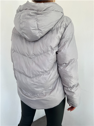 معطف شتوي بغطاء رأس وسحاب ثابت - رمادي