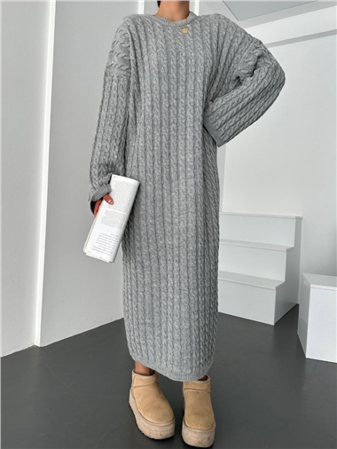 Saç Örgü Triko Elbise -Gri