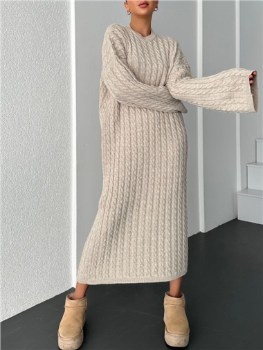 Saç Örgü Triko Elbise -Taş