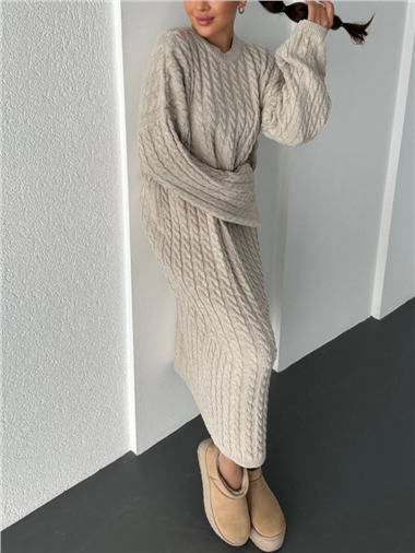 Saç Örgü Triko Elbise -Taş