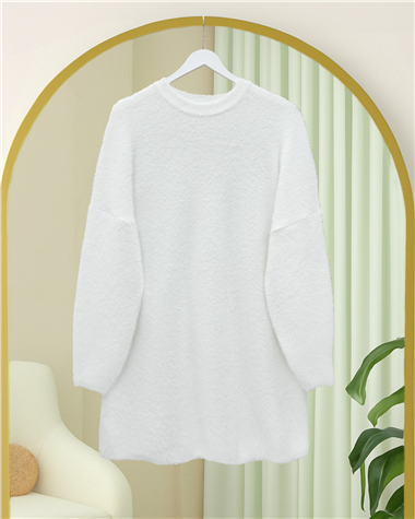 Sakallı Uzun Salaş Triko Tunik -Beyaz