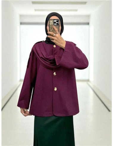 Şal Detaylı Kışlık Keçe Ceket -Mürdüm