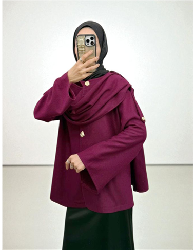 Şal Detaylı Kışlık Keçe Ceket -Mürdüm