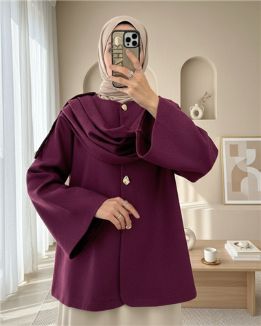 Şal Detaylı Kışlık Keçe Ceket -Mürdüm