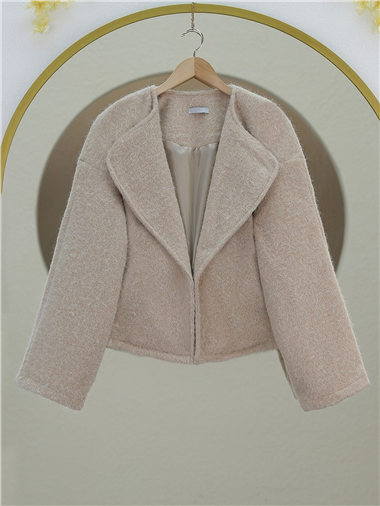 Şal Yaka Astarlı Cepli Buklet Ceket -Bej