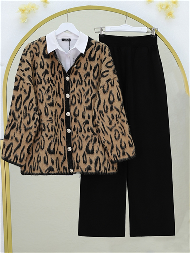 Şardonlu Leopar Desenli Yumoş Triko Hırka -Vizon