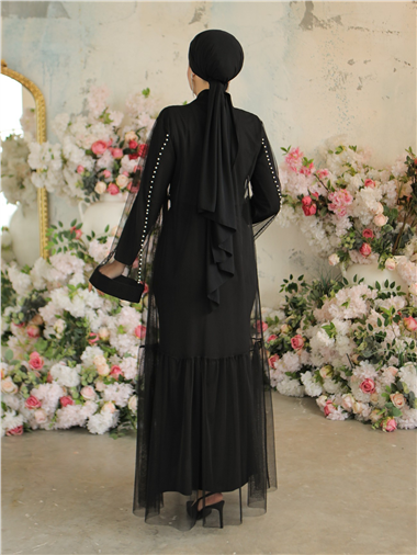 Şerit İncili Beli Bağcıklı İkili Abaya  -Siyah