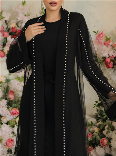 Şerit İncili Beli Bağcıklı İkili Abaya  -Siyah