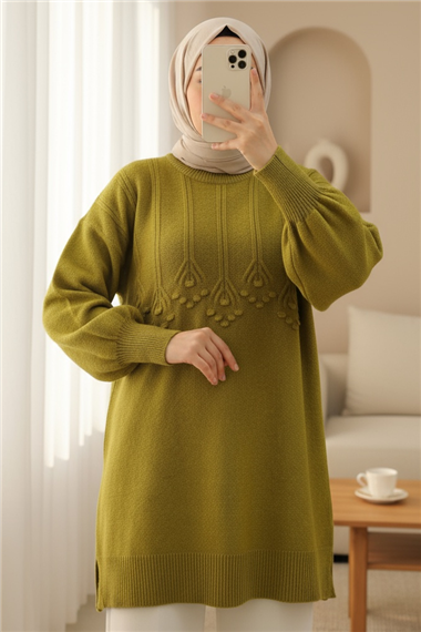Şerit Ve Ponpon Detaylı Yuvarlak Yaka Yumoş Triko Tunik -Yağ Yeşili