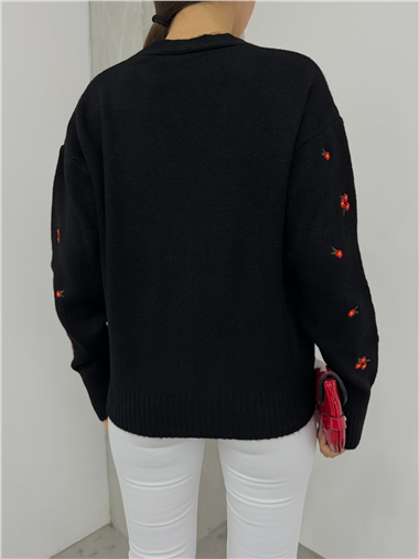 Serpme Çiçek Nakışlı Triko Hırka -Siyah