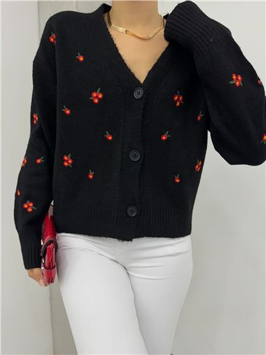 Serpme Çiçek Nakışlı Triko Hırka -Siyah