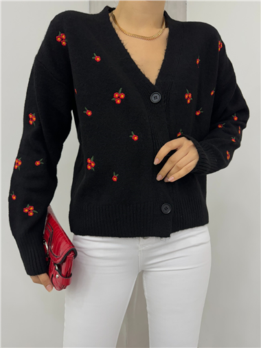 Serpme Çiçek Nakışlı Triko Hırka -Siyah