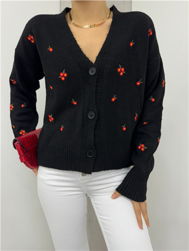 Serpme Çiçek Nakışlı Triko Hırka -Siyah