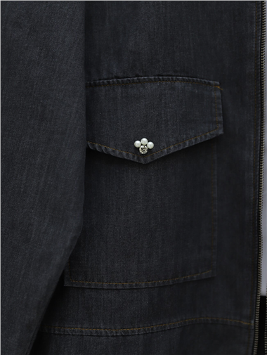 Womens Scattered Pearl-Embellished Zip-Up Jacket Skirt Denim Set - Black
