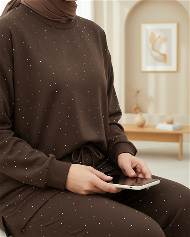 Serpme Taş Detaylı Pantolonlu Oysho Takım  -Kahve