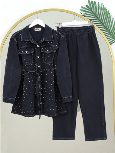 Serpme Taşlı Düğmeli Ceket Pantolon Kot Takım  -Siyah