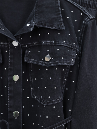 Serpme Taşlı Düğmeli Ceket Pantolon Kot Takım  -Siyah